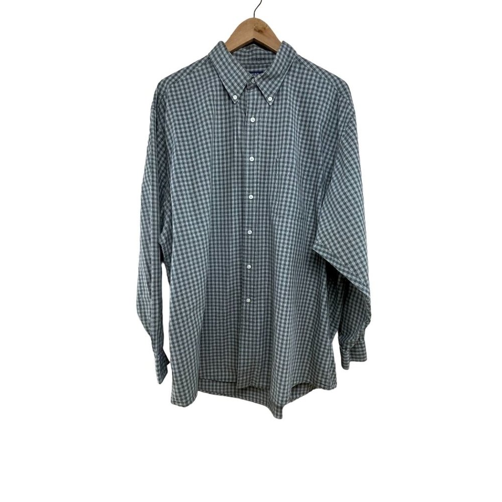 Brooks Sport Mens XL Button Down Check Long Sleeve Shirt Olive Green White